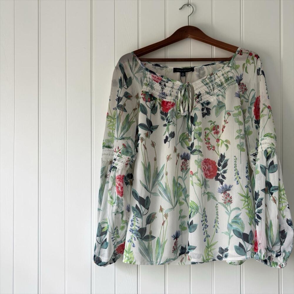 NWT Tommy Hilfiger Women's Floral Peasant Blouse V-Neck Lace Tie Size XL Boho